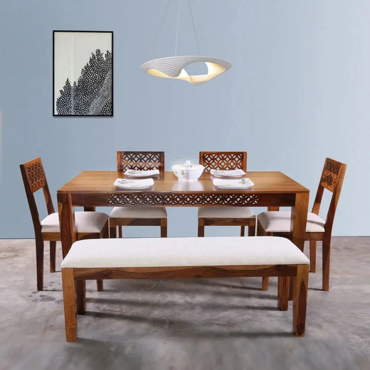 DOMY DINING SET 4 CHAIR WITH BENCH SOLID WOOD IN HONEY FINISH My Store