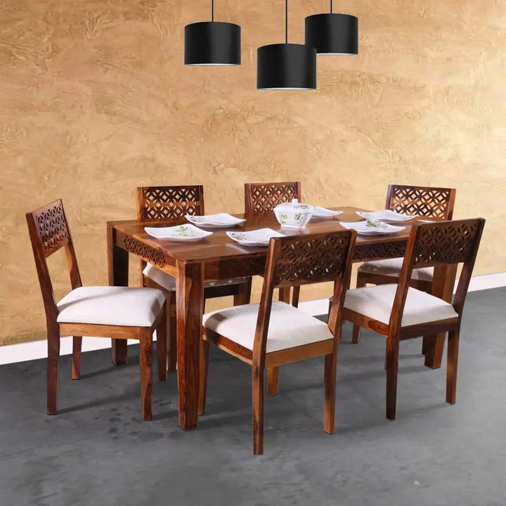 ROYALE DINING SET OF WITH 6 CHAIRS SOLID WOOD IN HONEY FINISH My Store