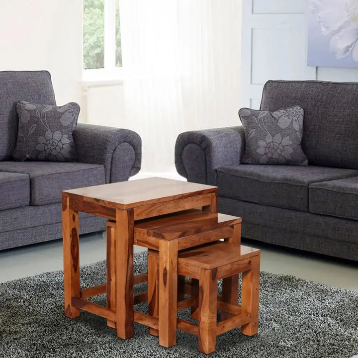 EUSY SET OF 3 STOOL SOLID WOOD IN HONEY FINISH My Store