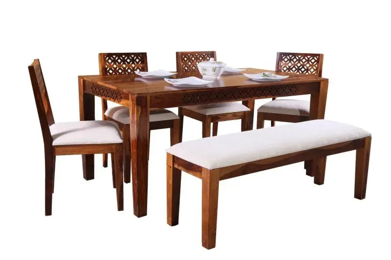 DOMY DINING SET 4 CHAIR WITH BENCH SOLID WOOD IN HONEY FINISH My Store