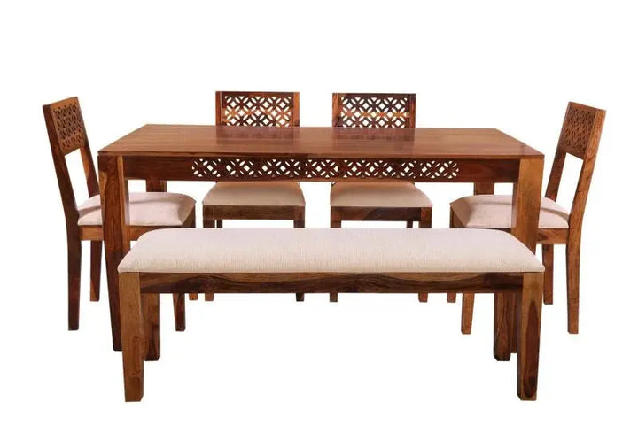 DOMY DINING SET 4 CHAIR WITH BENCH SOLID WOOD IN HONEY FINISH My Store
